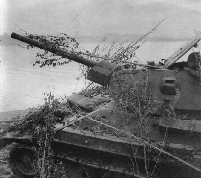 Замаскированный советский танк Т-34-76 на восточном берегу Дона при обороне Сталинграда. Август 1942